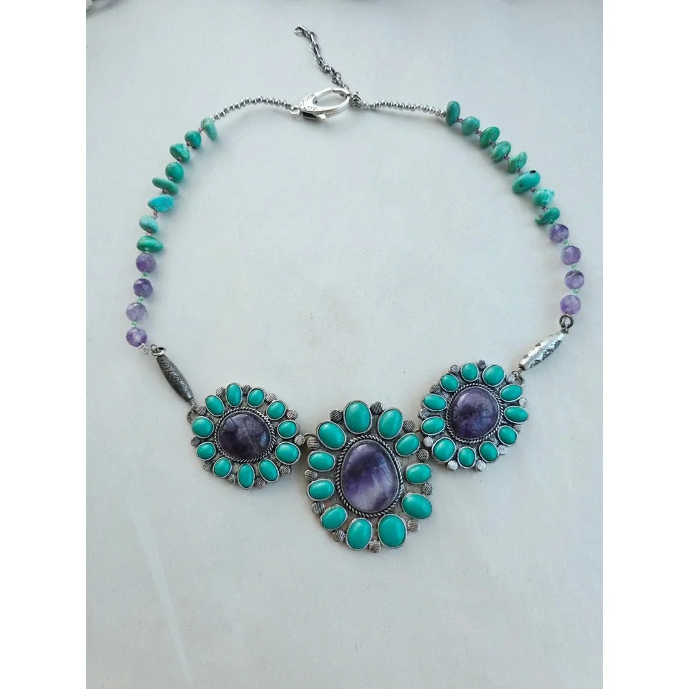 Southwestern Amethyst Magnesite Turquoise Silver Tone Boho Statement Necklace